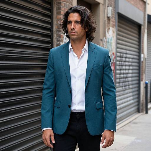Photograph of a handsome man with wavy dark hair, medium skin tone, wearing a teal blazer and white shirt, standing in front of closed