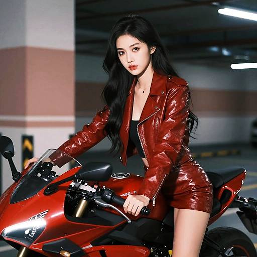 Photograph of an Asian woman with long black hair, wearing a shiny red leather jacket and shorts, sitting on a red motorcycle in a dimly lit