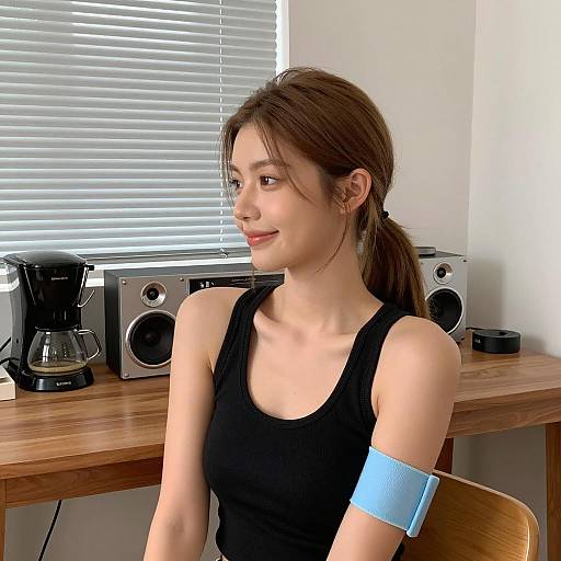 Woman Sitting Indoors with Black Tank Top and Blue Armband