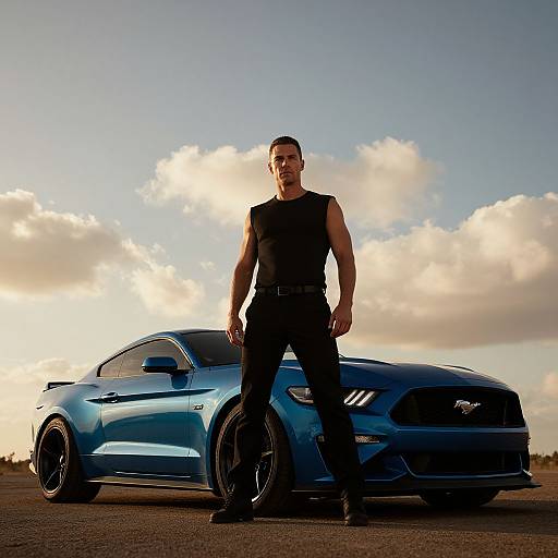 Photograph of a muscular man in a black sleeveless shirt and pants standing confidently in front of a shiny blue Ford Mustang against a cloudy sky.