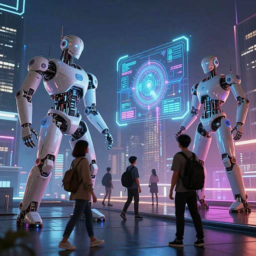 Photograph of a futuristic neon-lit cityscape with three large white humanoid robots standing in the foreground, surrounded by blurred pedestrians, and a vibrant digital