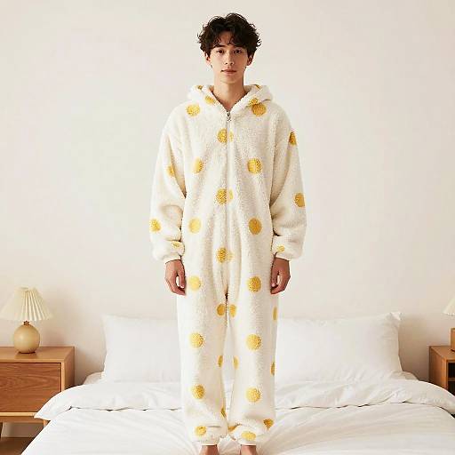 Young Man in Cozy Polka Dot Onesie