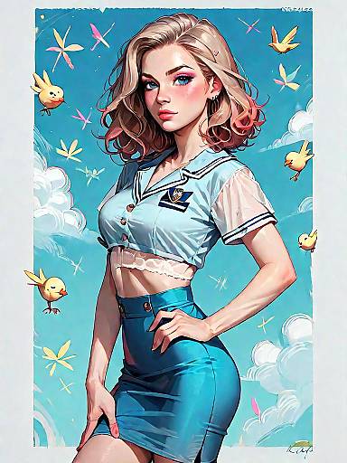 Stylish Woman with Chic Outfit and Birds