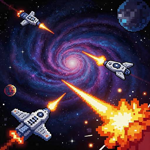 Pixel art of three white spaceships firing bright orange laser beams at a swirling purple and blue galaxy, with a large fiery explosion below and a small planet