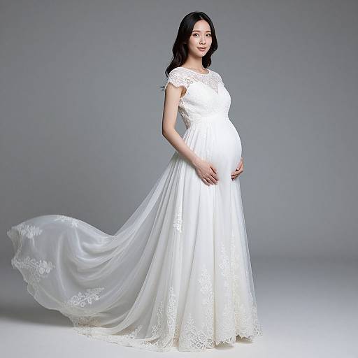 Photograph of a pregnant Asian woman in a white lace wedding dress with a flowing train, standing against a plain gray background.
