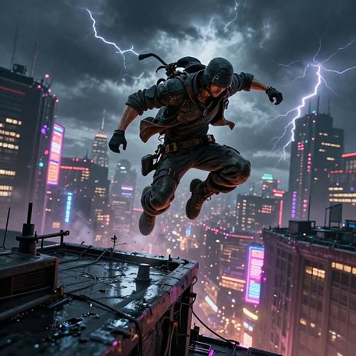 CGI image of a masked ninja in dark clothes, leaping from a rooftop during a lightning storm over a neon-lit, cyberpunk cityscape