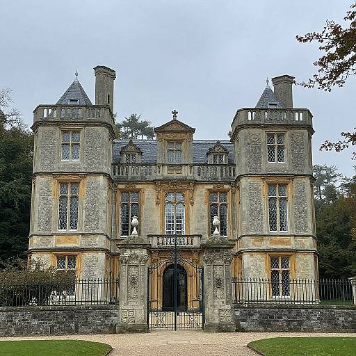 Photograph of a grand, Gothic-style stone mansion with two turrets, arched windows, and a black iron gate, set against a lush,