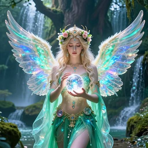 Digital art of a blonde, ethereal fairy with glowing blue wings, wearing a floral crown, green translucent dress, and golden jewelry, holding a bright