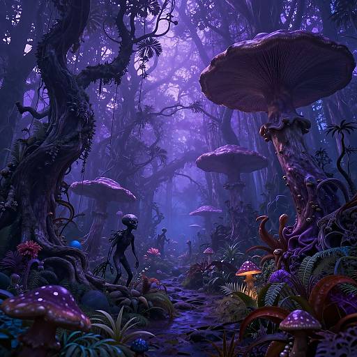 Alien Twilight Forest with Giant Mushrooms
