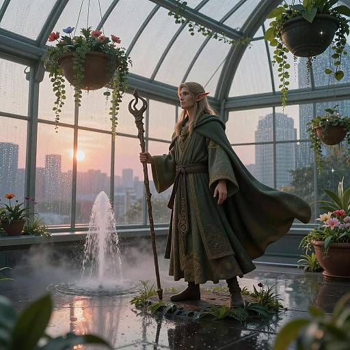 Serene Elven Druid Greenhouse Dawn