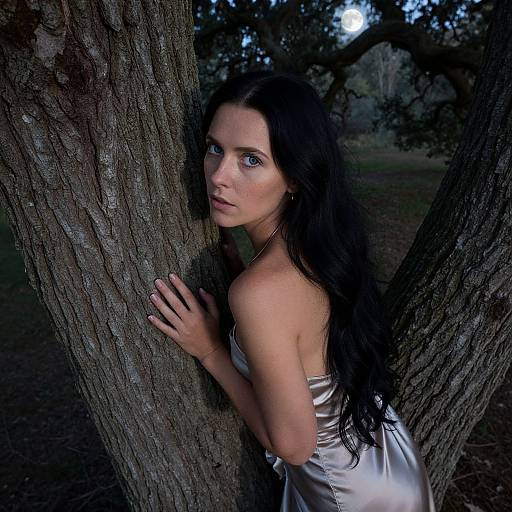 Photograph of a pale-skinned woman with long black hair, wearing a silver strapless dress, hiding behind a tree in a dark, forested