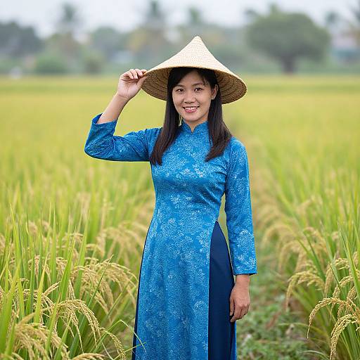 Photograph of a smiling Asian woman in a blue floral dress and conical hat, standing in a lush green rice field.