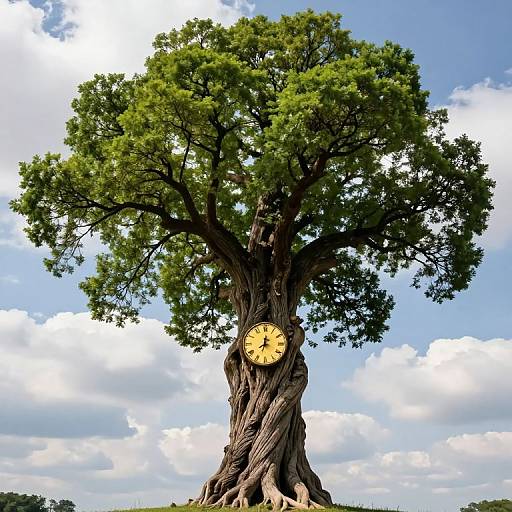 Photograph of a tall, twisted tree with a large, yellow clock face embedded in its trunk, set against a bright blue sky with scattered clouds.