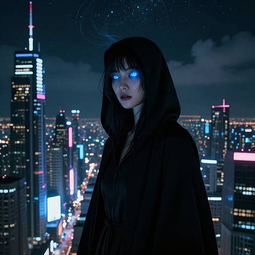 Digital artwork of a ghostly, blue-eyed woman with black hooded cloak, glowing eyes, against a neon-lit, nighttime cityscape.