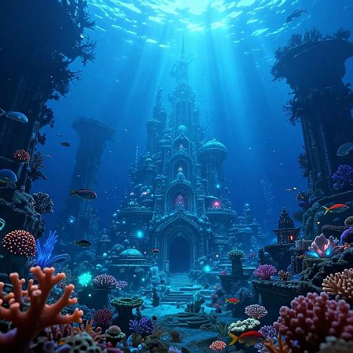 Photorealistic digital artwork of an underwater temple adorned with vibrant corals, surrounded by diverse marine life, illuminated by ethereal blue beams of light from