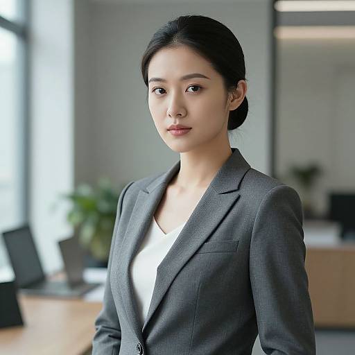 Photograph of an Asian woman with fair skin, black hair in a bun, wearing a gray blazer over a white top, standing in a modern