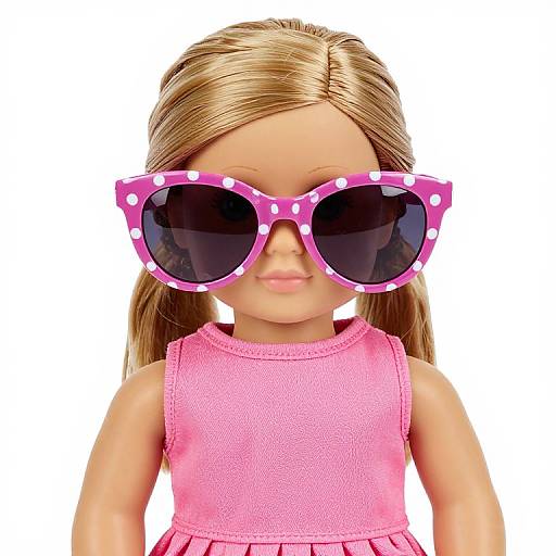 Photograph of a blonde doll with pink polka-dot sunglasses, wearing a sleeveless pink dress, against a white background.