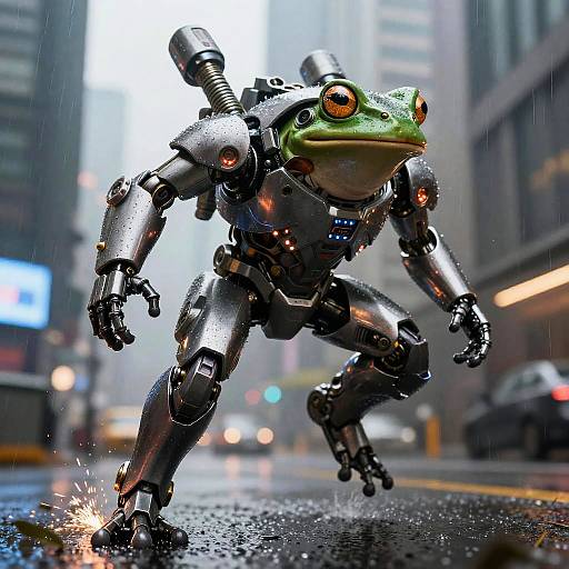 Photorealistic CGI of a green frog with robotic armor running in a rainy city street, splashing water, surrounded by blurred lights and skyscrapers