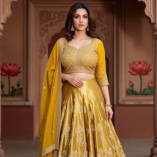 Indian woman with medium brown skin and dark wavy hair, wearing a gold embroidered crop top and skirt, yellow dupatta, standing in an ornately