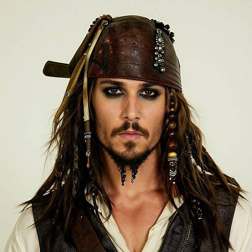 Photograph of a serious, mustached man with long brown hair, wearing a brown leather pirate hat adorned with feathers and beads, white shirt, and