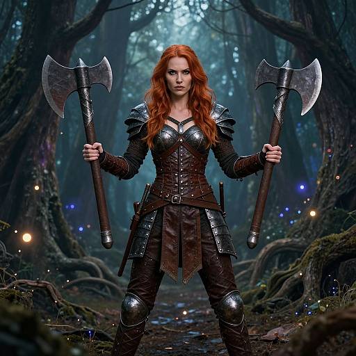 Digital artwork of a fierce redhead warrior with long hair, holding two axes, in dark armor, standing in a mystical forest.