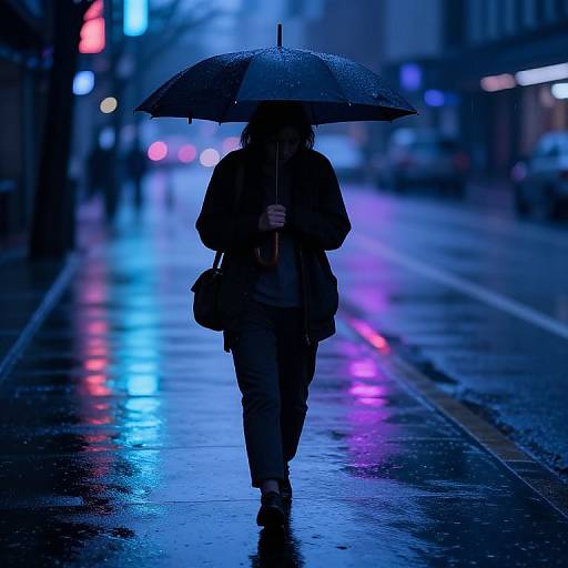 Silhouetted person holding umbrella walking on a rain-soaked, neon-lit city street at night, with reflections on wet pavement.