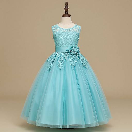 Photograph of a light blue, sleeveless, lace-trimmed, full-skirted children's dress with floral embellishments, displayed on a