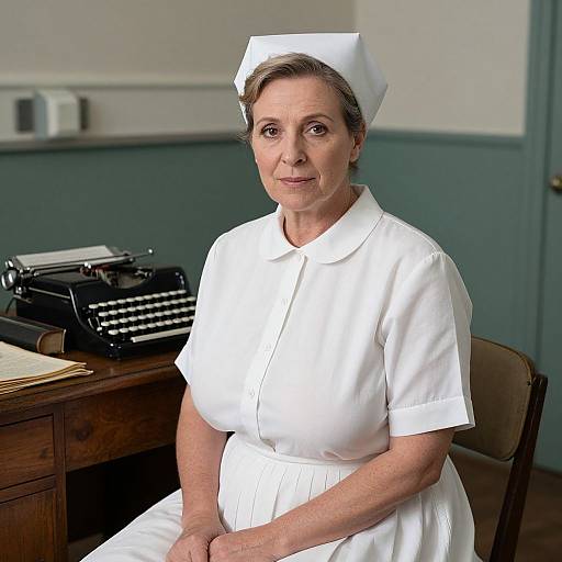 Photograph of a middle-aged white woman in a white nurse's uniform and cap, seated in an office with an old typewriter on a wooden desk