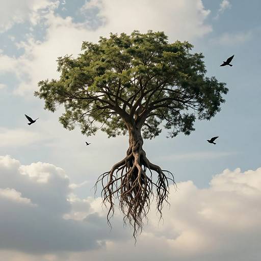 Photograph of a large, leafy tree with exposed, sprawling roots floating in a bright sky with scattered clouds and flying birds.