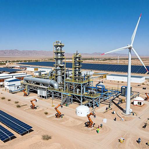 Aerial photograph of a desert solar and wind energy facility, featuring solar panels, a large wind turbine, industrial equipment, and cranes under a clear