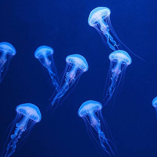 Photograph of glowing blue jellyfish with translucent, flowing tentacles against a deep blue underwater background, creating a mesmerizing, ethereal scene.