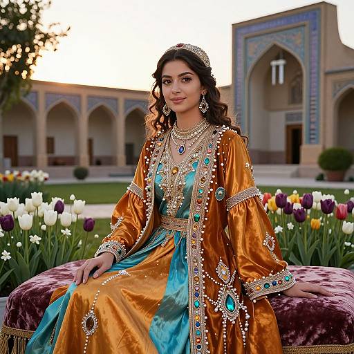 Photograph of a beautiful South Asian woman with dark hair, wearing an ornate, gold and turquoise traditional dress, adorned with jewelry, sitting on a