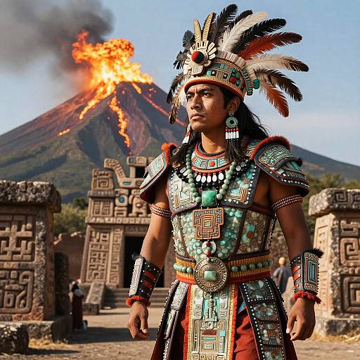 Photograph of a Native American warrior in detailed, colorful traditional armor with feather headdress, standing before erupting volcano and ancient stone ruins.