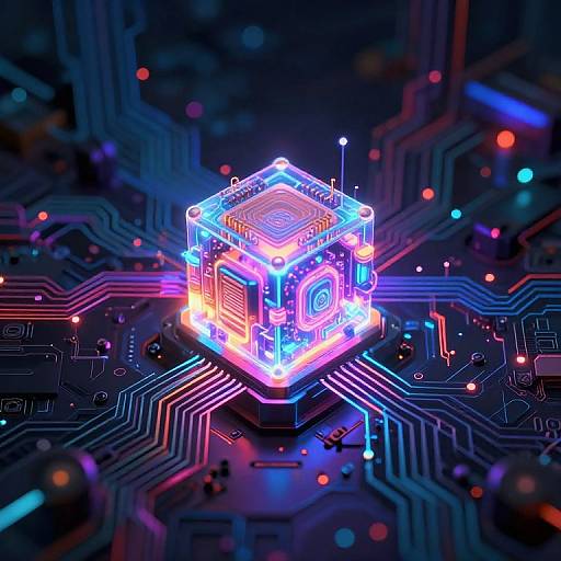 Neon-lit, glowing, futuristic cube on a dark, circuit board background with colorful, multicolored, digital light effects. CGI digital art