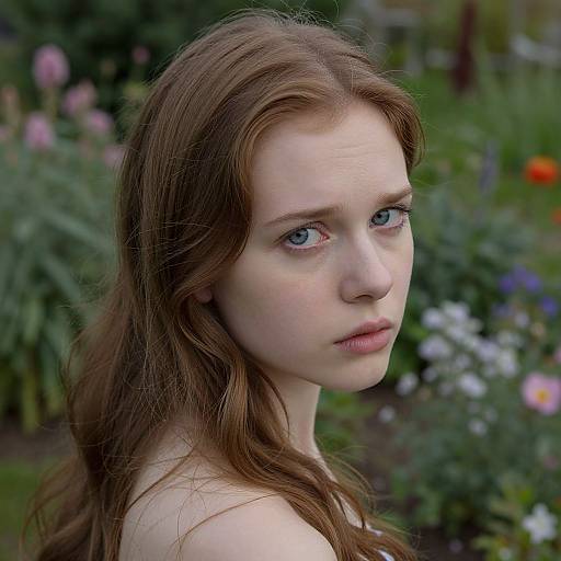 Photograph of a fair-skinned, red-haired young woman with blue eyes, gazing pensively, set against a blurred garden background with colorful flowers