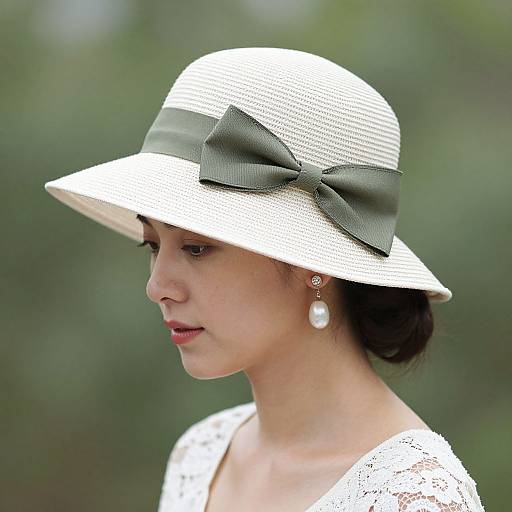 Photograph of a young woman with fair skin, wearing a white hat with a green ribbon bow, pearl earrings, and a lace top, against a