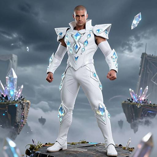 Strong, muscular man in white, glowing armor stands on floating island amidst floating crystals and cloudy sky. Sci-fi fantasy setting.