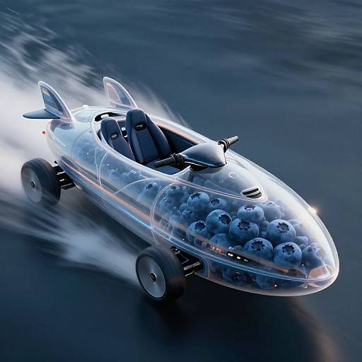 Photorealistic CGI of a transparent, high-speed boat filled with blueberries, racing over dark water, creating white wake trails.