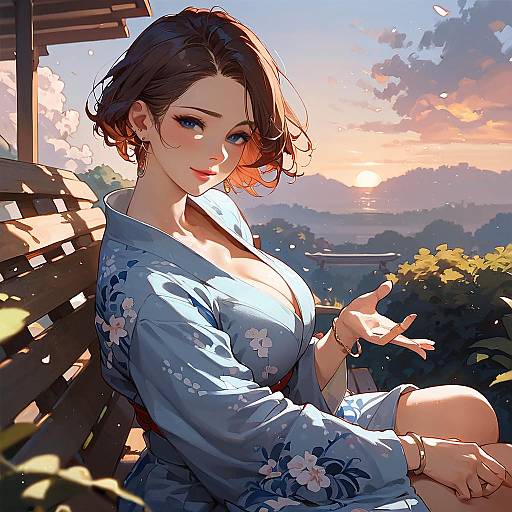 Digital anime-style artwork of a beautiful woman with short brown hair, blue eyes, large breasts, wearing a blue floral kimono, sitting outdoors at sunset