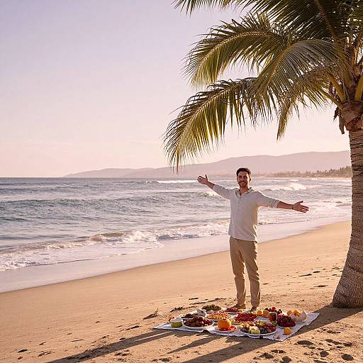 Photograph of a man in a white shirt and khaki pants, arms outstretched, standing by a beach picnic with a palm tree, sunset
