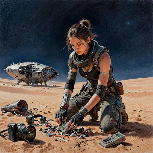 Digital artwork of a determined, brown-haired woman in black armor, repairing gadgets on a desert planet with a distant, cylindrical spaceship.
