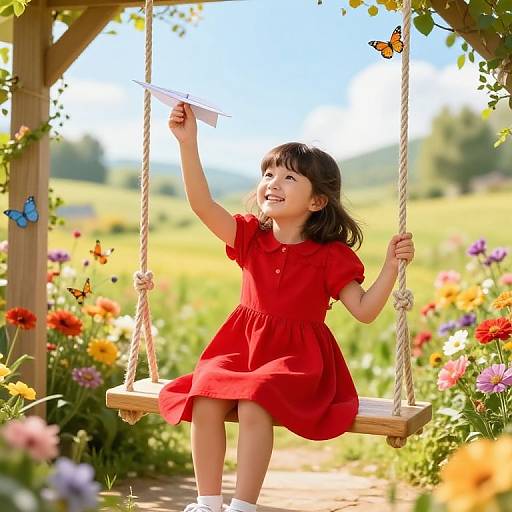 Cheerful Girl on Porch Swing