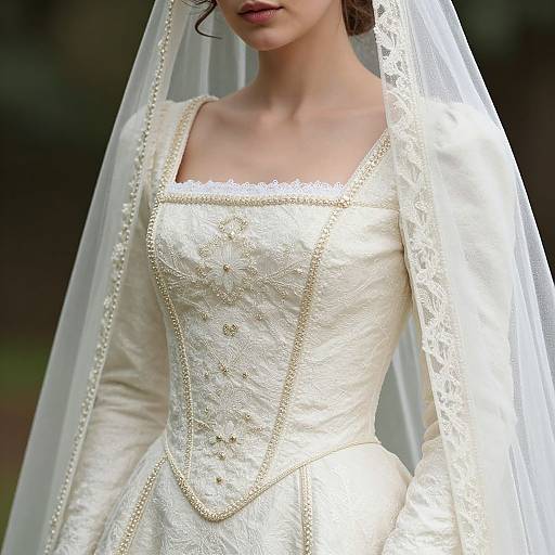 Photograph of a bride wearing a white lace wedding dress with long sleeves, a square neckline, and a delicate veil, showcasing intricate embroidery and gold buttons