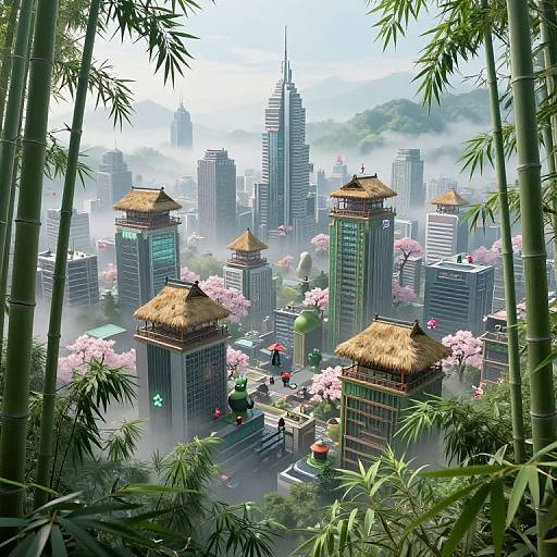Digital art of a futuristic cityscape with bamboo foliage, pink cherry blossoms, traditional roofed skyscrapers, and misty atmosphere.