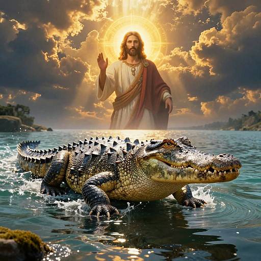 Surreal Jesus Crocodile Walking on Water