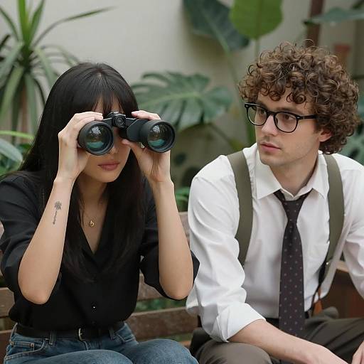 Two People Sitting Indoors with Binoculars