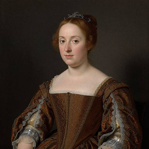 Renaissance portrait of a fair-skinned woman with reddish-brown hair, wearing a brown, intricately patterned gown with lace sleeves,