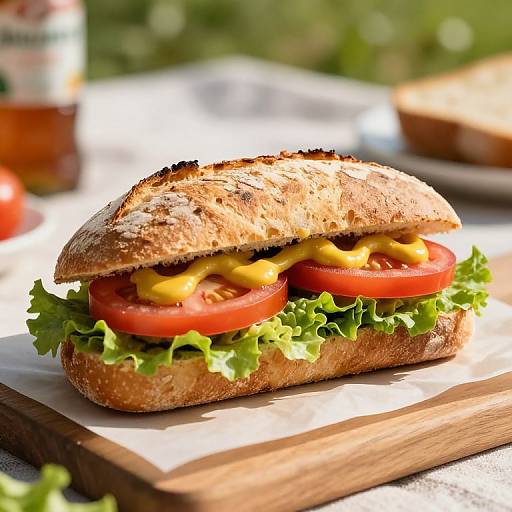 Photograph of a fresh sandwich with toasted bread, lettuce, tomato slices, melted cheese, on a wooden board, sunny outdoor setting.