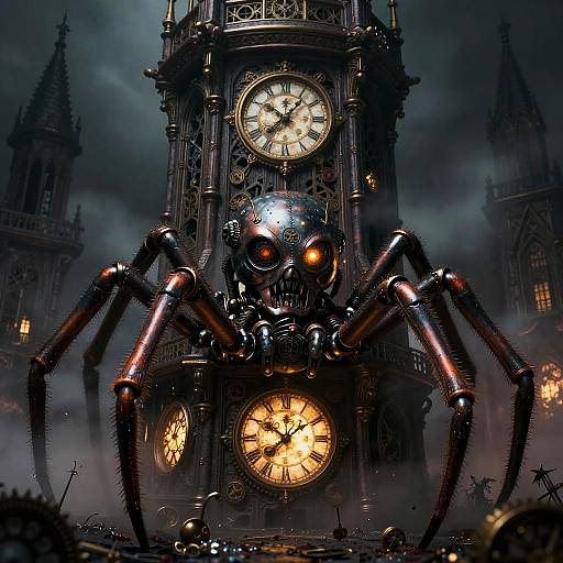 Steampunk clock tower with mechanical spider head, glowing red eyes, and dual clock faces, set against a dark, Gothic cityscape.