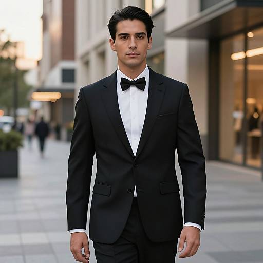 Photograph of a handsome young man with dark hair, wearing a black tuxedo, white shirt, and black bow tie, walking confidently down a